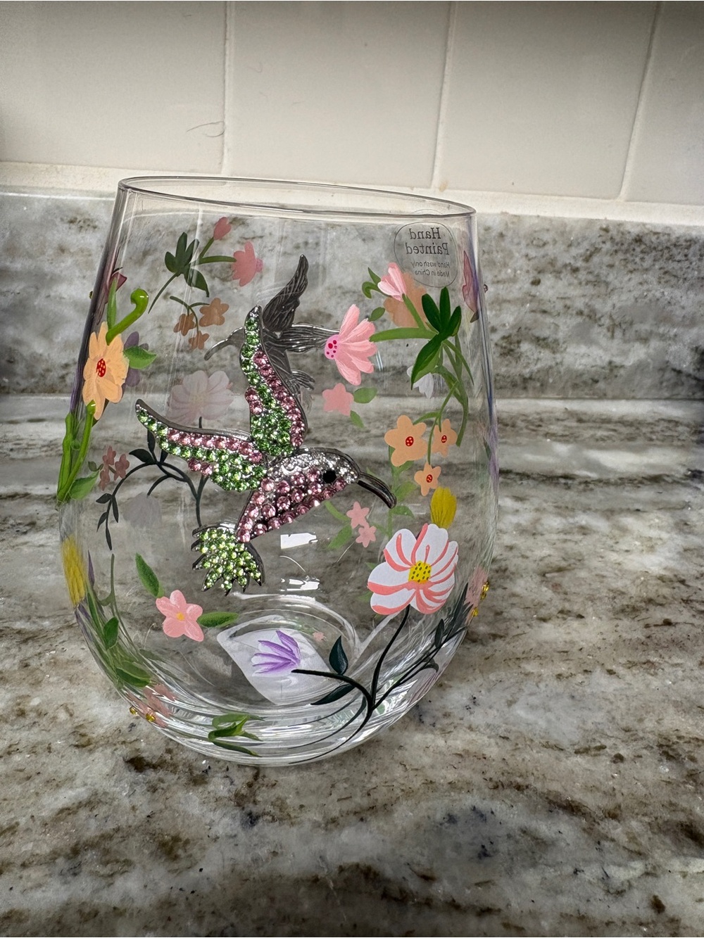 Hand-Painted Floral Stemless Wine Glass with Jeweled Hummingbird